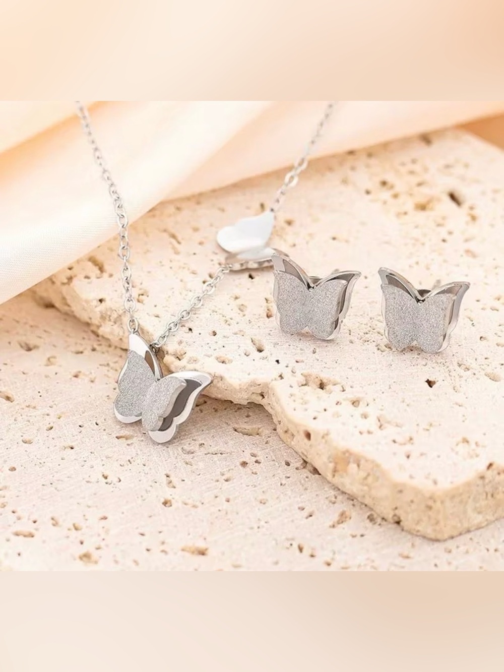 Silver Butterfly Necklace and Stud Earrings Set - Silver